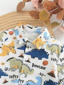 SHEIN 2pcs/Set Young Boy Kids Comfortable Casual Daily Versatile Cute Dinosaur Print Hawaiian Collar Short Sleeve Shirt And Shorts Set, Suitable For Spring/Summer, Daily Wear, Sports, Outings, School, Parties, Festivals, Photo Shoots, Back To School, Vacation, Beach