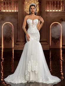 Glamrae Elegant Luxurious Embroidered Lace Applique Bustier Mermaid Layered Tulle Trailing Romantic Lace Applique Wedding Dress, Suitable For Weddings, Parties, Honeymoons, Bridal Gowns - White - View 4