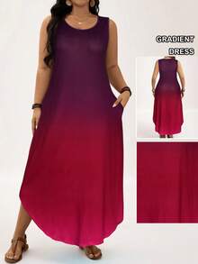 Comfylo 大码渐变色圆领不对称口袋无袖连衣裙 大码夏季长裙 女士大码连衣裙 不对称连衣裙 大码粘胶连衣裙 大码长裙 女士不对称连衣裙 女士大码连衣裙 不对称下摆连衣裙 女士大码连衣裙 渐变连衣裙 夏季连衣裙 - 玫瑰紅 - 查看 1