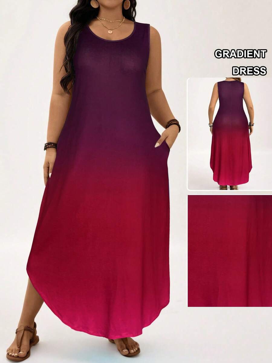Comfylo 大码渐变色圆领不对称口袋无袖连衣裙 大码夏季长裙 女士大码连衣裙 不对称连衣裙 大码粘胶连衣裙 大码长裙 女士不对称连衣裙 女士大码连衣裙 不对称下摆连衣裙 女士大码连衣裙 渐变连衣裙 夏季连衣裙 - 玫瑰紅 - 查看 1