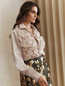 Anewsta Elegant French Retro Champagne Color 3D Ruffle Lace Decor Long Sleeve Office Blouse For Women - Champagne - View 6