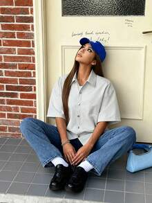 Manfinity Unisex 青年男士休闲英伦图案宽松短袖白衬衫 - 白色 - 查看 4