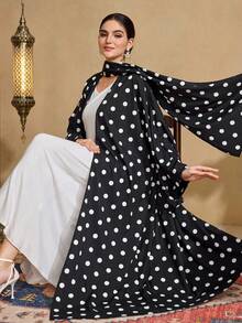 Al Najma Women's Elegant Polka Dot Print Front Open Loose Arabic Abaya Robe - Black and White - View 1
