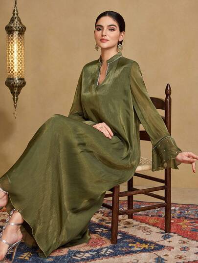 Al Najma Women's Daily Wear Mandarin Collar Flare Sleeve Beaded Elegant Party Slim Long Dress