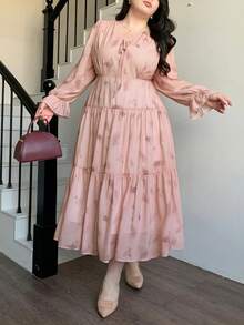 Dazy Plus Floral Print V-Neck Tie Waist Lantern Sleeve Fitted Elegant Maxi Dress, Plus Size, Pink, Resort Style