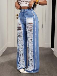 BamGleam 女士休闲日常通勤时尚街头做旧毛边宽松阔腿牛仔裤 - 淺色水洗藍 - 查看 3