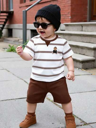 2pcs/Set Toddler Boys' Casual Creative Bear Striped Print Short Sleeve T-Shirt And Shorts Set, Comfortable Daily Wear, Suitable For Spring, Summer, Autumn Baby Boy Casual Short Sleeve Brown Toddler Outfit Toddler Boy Shorts Toddler Boy Outfit Baby Boy Striped T-Shirt