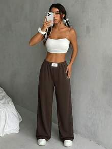 SHEIN EZwear Quần lửng ống rộng màu nâu cà phê dành cho nữ, kiểu dáng thường ngày, phối nhiều mảng màu, phù hợp cho mùa tốt nghiệp, mùa tựu trường và cho giáo viên. - Cà phê nâu - Xem 5