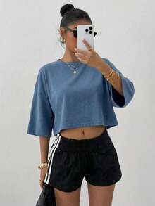 SHEIN EZwear Women's Solid Color Minimalist Crew Neck Long Sleeve T-Shirt, Everyday Wear Baggy Crop Top Loose Crop Top Oversized Cropped T Shirt - Blue - View 5