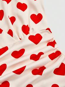 Franclia Women's Elegant Heart Print V-Neck Sleeveless Blouse, Valentine's Day Heart Dress Wrap Dress Cute Dress Strawberry Dress Women Cherry Dress Women