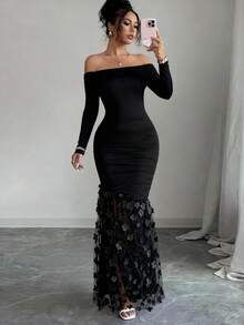 Rafferiza Vestido longo feminino elegante, ombro a ombro, cor sólida, manga longa, ajustado, com fenda e drapeado. - Preto - Ver 6