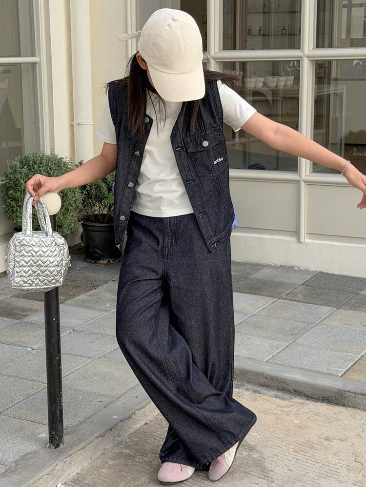 Tween Girls' Casual Front Button Denim Vest And Wide Leg Denim Pants Set