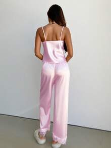 Aloruh Women's Elegant Solid Color Lace Patchwork Long Sleepwear Set - Pink - View 2
