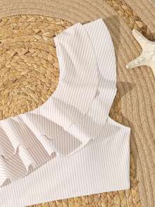 SHEIN Bộ đồ bơi Tankini cho bé gái tuổi teen, áo bơi hai dây kẻ sọc xanh trắng với viền bèo nhún đôi, kết hợp với quần bơi kẻ sọc xanh trắng, thích hợp cho kỳ nghỉ hè, xuân, thu, đi biển, công viên nước, bơi lội - Ngọt ngào, tối giản, phong cách thành thị sành điệu, bộ đồ bơi hai mảnh có bèo nhún cạp cao, bộ bikini kẻ sọc, đồ bơi bikini kín đáo cho bé gái tám tuổi. - Màu vàng - Xem 3