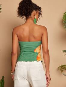 Travachic Floral Print Ruched Twist Front Sleeveless Vacation Crop Top - Green - View 2