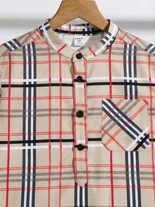 SHEIN 男童休闲格子领短袖衬衫，半拉链设计，适合通勤、上学、日常休闲穿着、运动、春夏穿着 - 彩色 - 查看 7