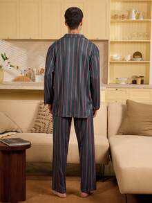 Velminro 男士长袖纽扣条纹休闲舒适透气睡衣套装 - 墨綠色 - 查看 5