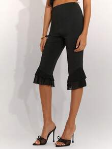 SHEIN BAE Women's Elegant Black Ruffled Midi Trousers For Spring/Summer, Capri Trousers, Vacation Trousers, Casual Trousers, Party Trousers, Summer Trousers, Cruise Trousers, Spring Break Trousers, Brunch Trousers, Vacation Trousers, Holiday Trousers, Ruffled Trousers, Fashionable Trousers.Black Pants - Black - View 6