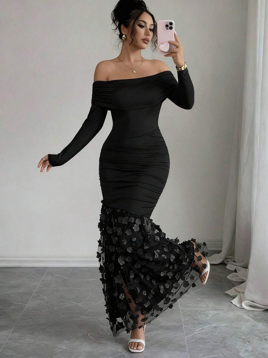 Rafferiza Vestido longo feminino elegante, ombro a ombro, cor sólida, manga longa, ajustado, com fenda e drapeado. - Preto - Ver 1