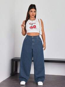 SHEIN EZwear 大码女式休闲高腰宽松阔腿牛仔裤，适合日常通勤 - 霧霾藍 - 查看 3