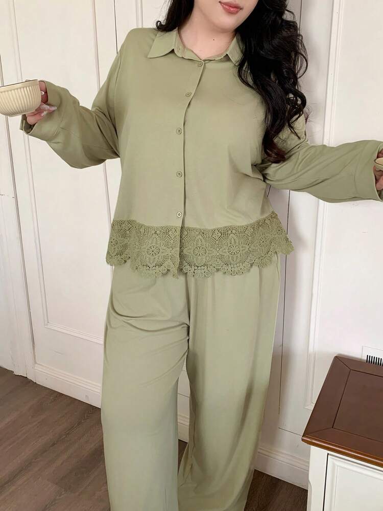 Dazy Plus 2pcs Contrast Lace Hem Sleepwear Set, Loose Long Pants Pajamas, Spring/Autumn