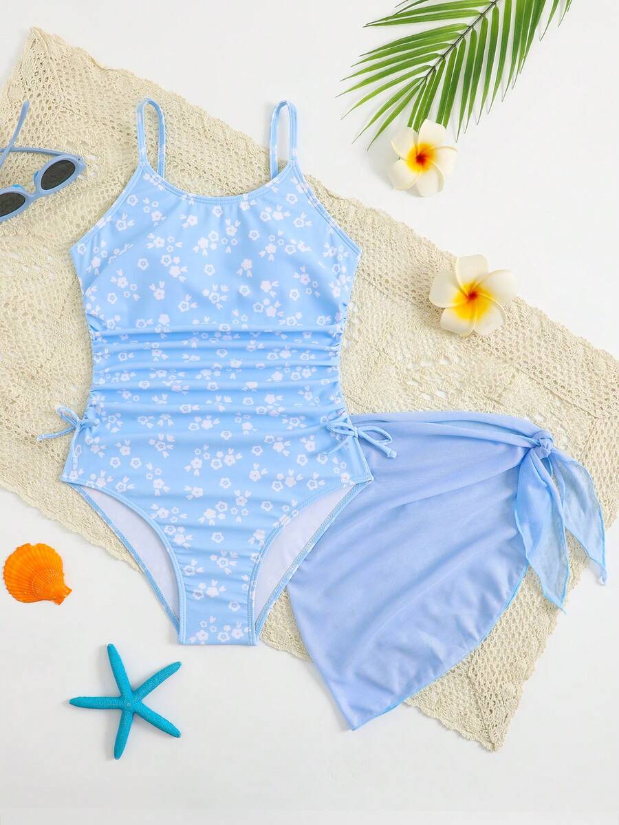 SHEIN Bộ áo tắm liền thân xếp nếp in hoa cho bé gái tuổi teen, kèm chân váy xoắn màu trơn. - Xanh và trắng - Xem 1