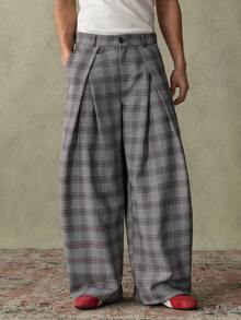 SWAVVY Quần ống rộng xếp ly kẻ caro cho nam, quần ống rộng thoải mái cho nam, quần kẻ caro nam, quần cạp cao nam, quần xếp ly nam, quần ống rộng thùng thình cho nam. - Xám - Xem 3