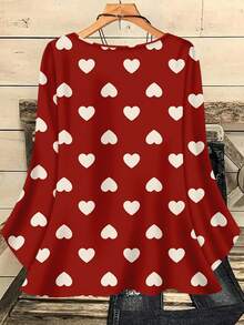 EMERY ROSE 大码女式浪漫休闲爱心印花宽松圆领七分袖衬衫，情人节爱心衬衫，情人节礼物 - 紅色 - 查看 2