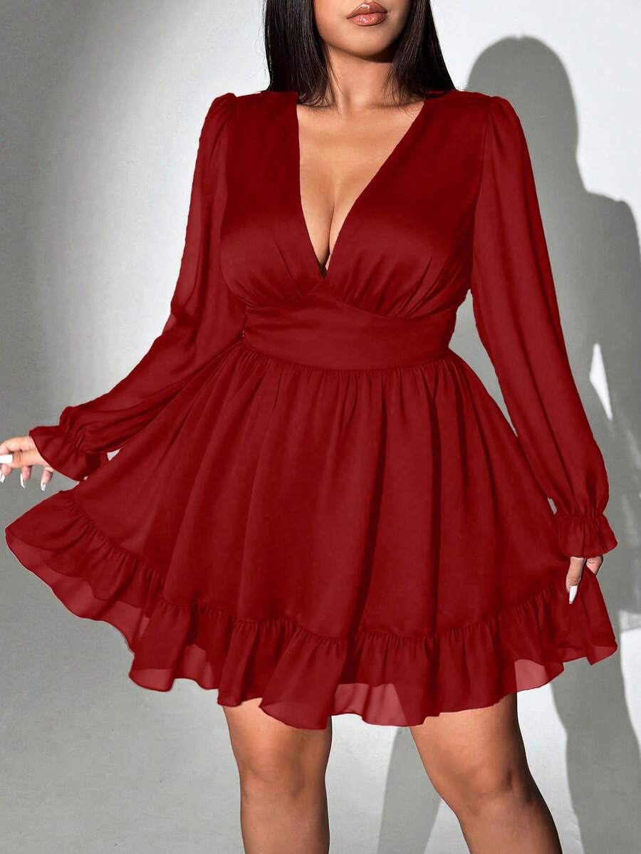 Viva Relle Plus Size Sexy Solid Deep V-Neck Ruched Long Sleeve Dress - Burgundy - View 1