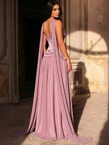 Glamrae Women's Gray-Pink Satin Strapless Dress,Beads&Rhinestones Asymmetrical Hemline,A-Line Chiffon Skirt,Adjustable Tie Waist,Formal Wedding Evening Gown - Dusty Pink - View 4