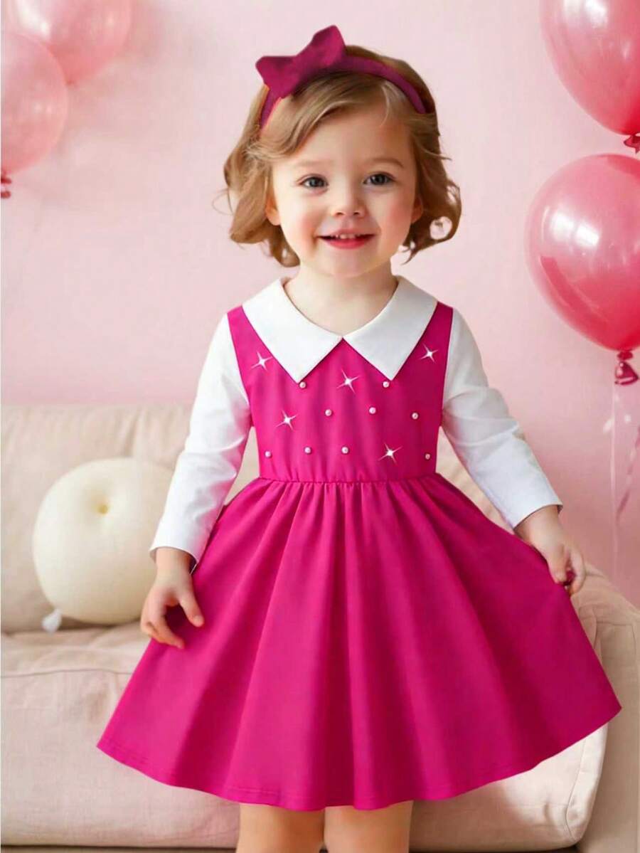 Elladie kids Baby Girls'Fashion Collared White And Pink Pearl Embellished Waist Midi Dress,Sweet&Elegant Style For Party,Birthday,Autumn,Christmas Fuchsia Dress - Hot Pink - View 1