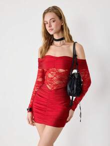 Ardnt 性感露肩蕾丝拼接褶皱紧身连衣裙，别致又性感，适合情人节 - 酒紅色 - 查看 5