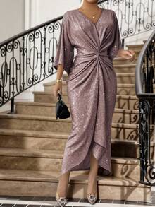 SHEIN Lady CURVE Party Casual Elegant Sequin Christmas Winter Sequin Dress Christmas  New Year Dress Party Dress Elegant Dresses For Women Plus Size Women V-Neck Batwing Sleeve Twist Waist Shiny Elegant Dress Elegant Midi Dress Women Party Dress Elegant Twist Front Dress Midi Wedding Guest Dress Glitter Dresses For Women Luxury Dress For Women Long Sleeve Elegant Dress Eleganza Dress/Christmas Dress