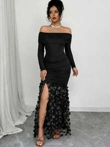 Rafferiza Vestido longo feminino elegante, ombro a ombro, cor sólida, manga longa, ajustado, com fenda e drapeado. - Preto - Ver 4