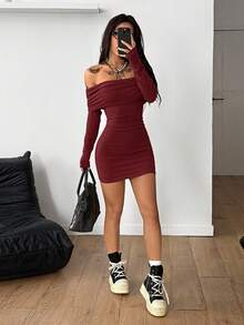 Coolane Women's Spring Concert Outfit Streetwear Y2K Party Daily Wear Date Night Casual New Years Rib Knit Stretchy Bustier Burgundy Off The Shoulder Mini Dress For Elegant - Burgundy - View 6
