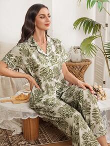 SHEIN Bubble Wrinkle Coconut Leaf Print Short Sleeve Pajama Set - Multicolor - View 7