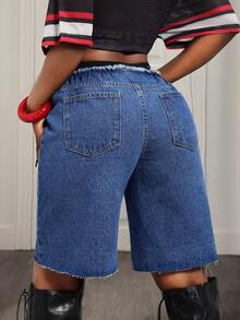 BamGleam Women's Fashionable Digit Patch Loose Denim Shorts, Summer - Dark Wash - View 2