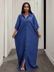 BamGleam Women's Casual Everyday Commute Batwing Sleeve Loose Denim Dress, Spring/Autumn - Light Wash - View 4