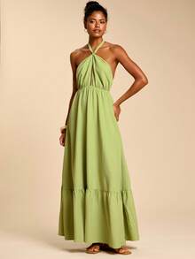 Travachic Einfarbiges Kleid mit Bindedetail am Hals, rückenfreier Lässig Urlaubskleid - Grün - Übersicht 6