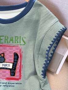 Resyla Vintage American Colorblock Striped Playful Cute Cat Embroidered Sleeve Fashion Women T-Shirt - Green - View 3