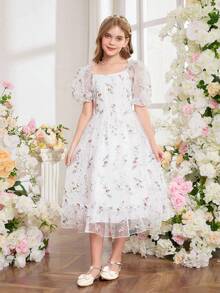 SHEIN 女童优雅公主裙，精致花卉印花装饰，方领泡泡袖，收腰喇叭形X型廓形，可爱公主风连衣裙 - 白色 - 查看 5