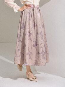 DAZY Women's Floral Jacquard Elastic Waist Pleated Elegant Skirt - Purple - View 2