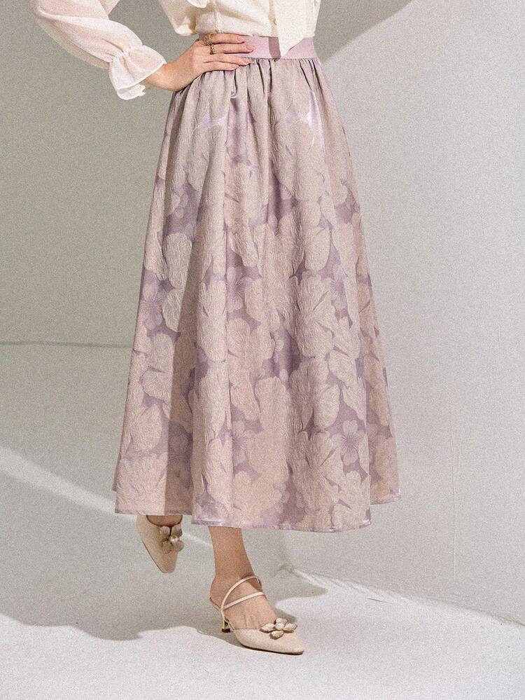 Women's Floral Jacquard Elastic Waist Pleated Elegant Skirt