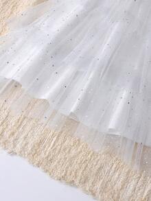 SHEIN 夏季新款时尚优雅女童连衣裙，高端拼接网纱泡泡裙，甜美时尚公主裙，适合派对、聚会、通勤等场合。 - 白色 - 查看 5