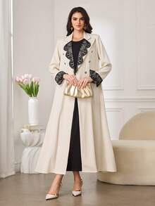 Al Najma Áo Abaya nữ kiểu dáng cổ điển thanh lịch với ren trang trí, cài khuy đôi, thích hợp mặc hàng ngày. - Màu be - Xem 6