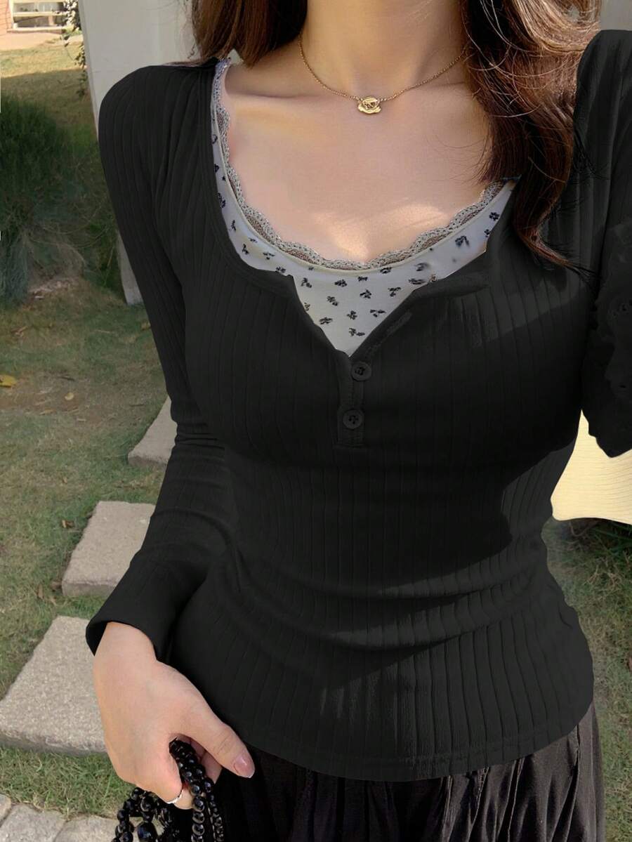 DAZY 女士休闲简约 T 恤、时尚日常穿着、秋季长袖女上衣、秋季女装 - 黑色 - 查看 1