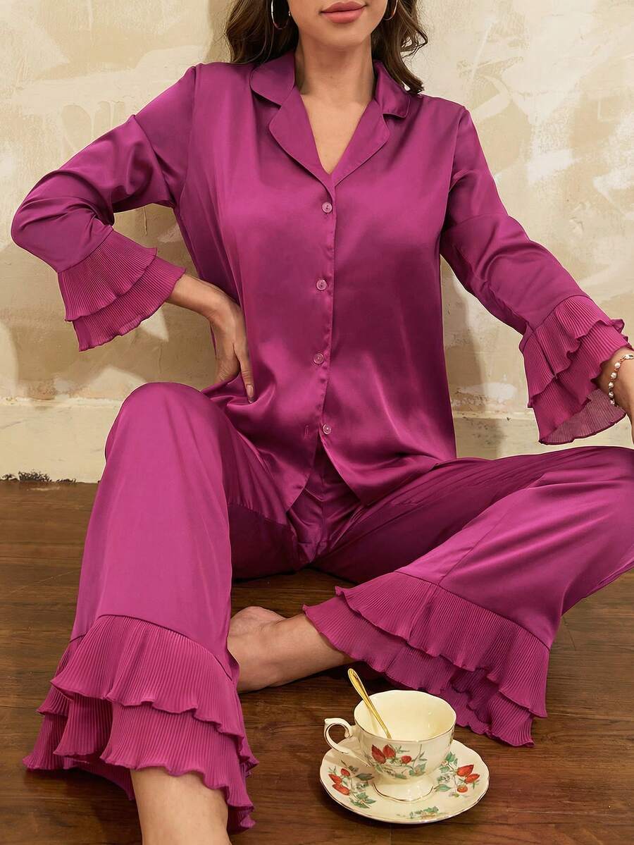 Côtesoire Ruffle Trim Satin PJ Set / Pajama Set Holiday Season, Fall Winter Clothes - Hot Pink - View 1