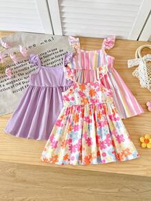 SHEIN Playful Pals 3件装女婴可爱休闲夏季碎花多色条纹纯色紫色粉色荷叶边吊带无袖背心连衣裙套装，柔软弹力，适合幼儿、婴儿沙滩度假派对穿着。女婴服装多件装，女婴连衣裙套装，3件独立半配套女婴连衣裙，1岁女童服装3件装。 - 彩色 - 查看 6