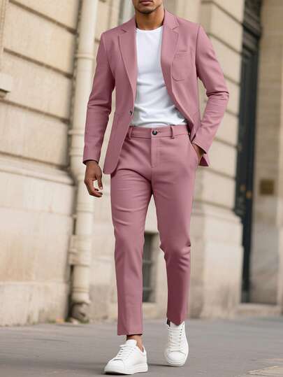 Manfinity Mode Men's Solid Color Spring/Summer Long Sleeve Blazer And Slant Pocket Casual Suit Pants Set