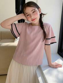 Dazy Kids Tween Girls' Round Neck Ruffle Trim Loose Casual Shirt